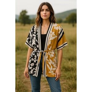Balkanica Mixed Print Kimono Cardigan Robe Belted‎ Boho Floral Black Mustard